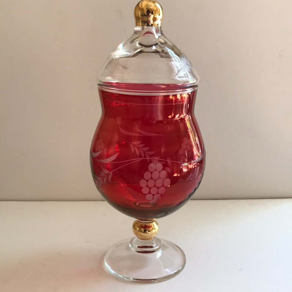 Vintage Ruby cut to clear glass with clear lid.